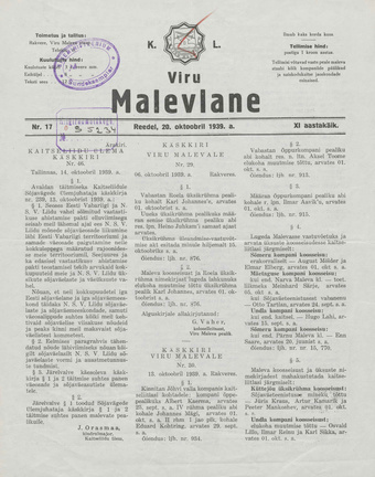 K. L. Viru Malevlane ; 17 1939-10-20