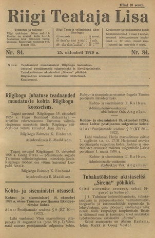 Riigi Teataja Lisa : seaduste alustel avaldatud teadaanded ; 84 1929-10-25