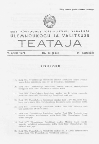 Eesti Nõukogude Sotsialistliku Vabariigi Ülemnõukogu ja Valitsuse Teataja ; 14 (534) 1976-04-09