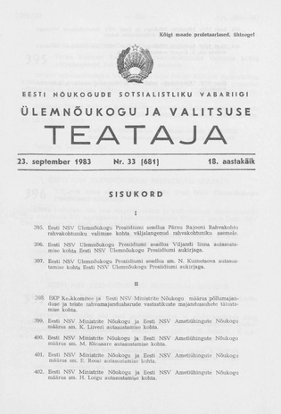 Eesti Nõukogude Sotsialistliku Vabariigi Ülemnõukogu ja Valitsuse Teataja ; 33 (681) 1983-09-23