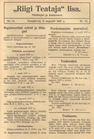 Riigi Teataja Lisa : seaduste alustel avaldatud teadaanded ; 74 1927-08-09