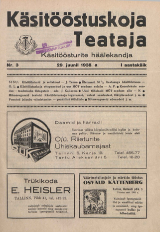 Käsitööstuskoja Teataja : käsitöösturite häälekandja ; 3 1938-06-29