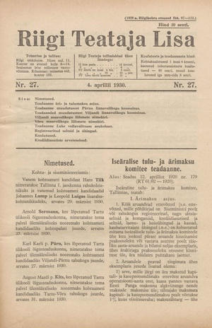 Riigi Teataja Lisa : seaduste alustel avaldatud teadaanded ; 27 1930-04-04