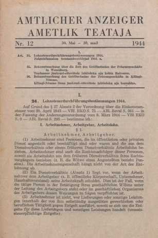 Ametlik Teataja. I/II osa = Amtlicher Anzeiger. I/II Teil ; 12 1944-05-30