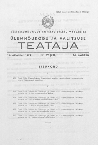 Eesti Nõukogude Sotsialistliku Vabariigi Ülemnõukogu ja Valitsuse Teataja ; 39 (706) 1979-10-15