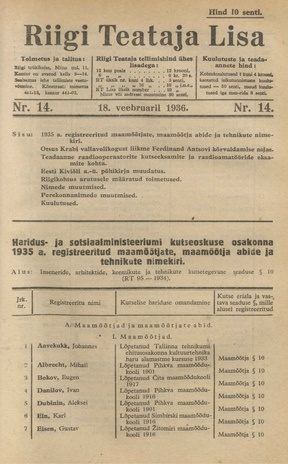 Riigi Teataja Lisa : seaduste alustel avaldatud teadaanded ; 14 1936-02-18