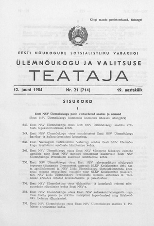 Eesti Nõukogude Sotsialistliku Vabariigi Ülemnõukogu ja Valitsuse Teataja ; 21 (714) 1984-06-12