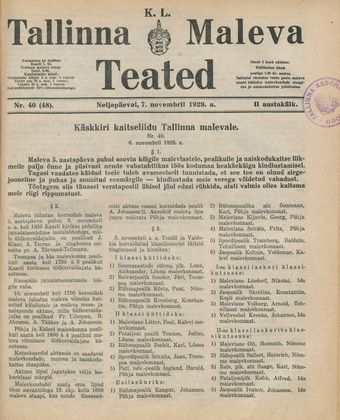 K. L. Tallinna Maleva Teated ; 40 (48) 1929-11-07