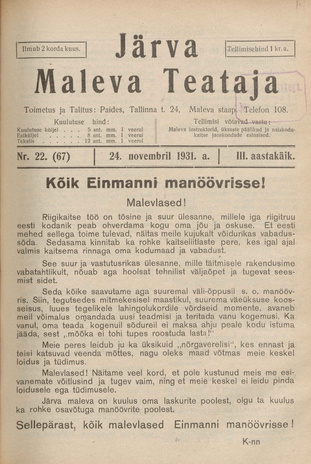 Järva Maleva Teataja ; 22 (67) 1931-11-24