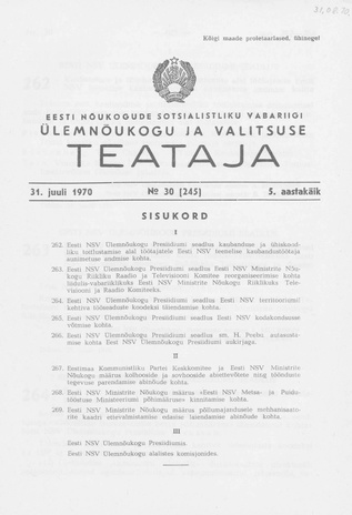Eesti Nõukogude Sotsialistliku Vabariigi Ülemnõukogu ja Valitsuse Teataja ; 30 (245) 1970-07-31