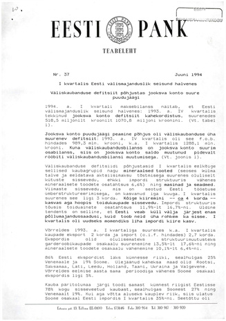 Eesti Pank : teabeleht ; 37 1994-06