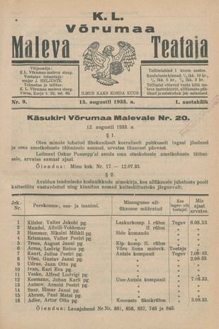 K. L. Võrumaa Maleva Teataja ; 9 1933-08-15