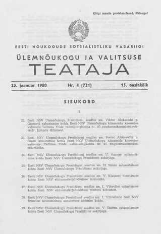 Eesti Nõukogude Sotsialistliku Vabariigi Ülemnõukogu ja Valitsuse Teataja ; 4 (721) 1980-01-25