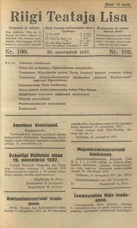 Riigi Teataja Lisa : seaduste alustel avaldatud teadaanded ; 100 1937-11-26