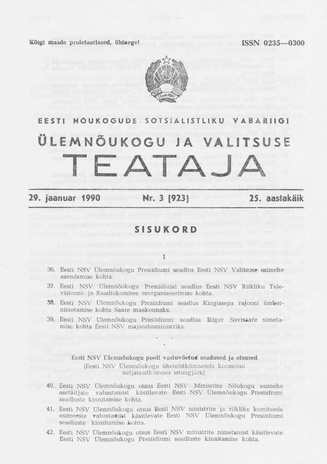 Eesti Nõukogude Sotsialistliku Vabariigi Ülemnõukogu ja Valitsuse Teataja ; 3 (923) 1990-01-29