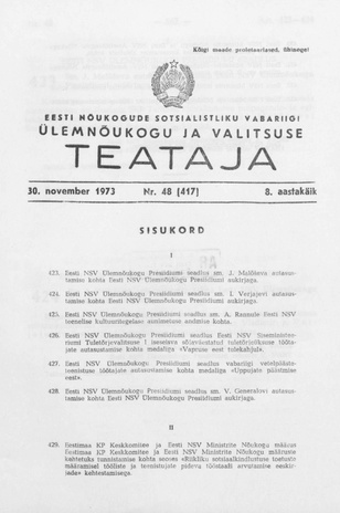 Eesti Nõukogude Sotsialistliku Vabariigi Ülemnõukogu ja Valitsuse Teataja ; 48 (417) 1973-11-30