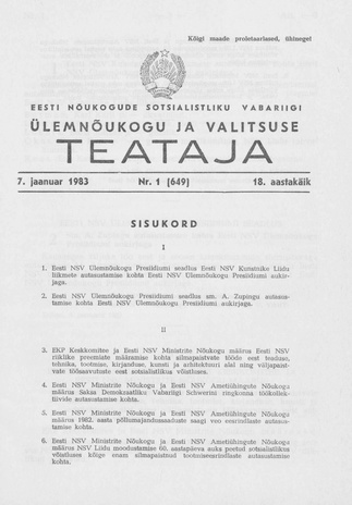 Eesti Nõukogude Sotsialistliku Vabariigi Ülemnõukogu ja Valitsuse Teataja ; 1 (649) 1983-01-07