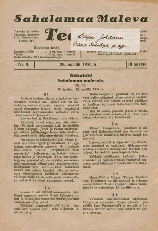 Sakalamaa Maleva Teataja ; 9 1931-04-29