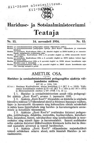 Hariduse- ja Sotsiaalministeeriumi Teataja ; 15 1934-11-14