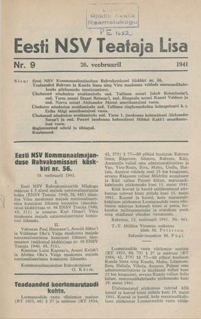 Eesti NSV Teataja lisa ; 9 1941-02-26