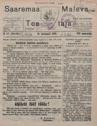 Saaremaa Maleva Teataja ; 1/2 (165/166) 1936-01-31