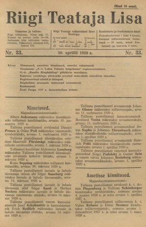 Riigi Teataja Lisa : seaduste alustel avaldatud teadaanded ; 33 1929-04-30