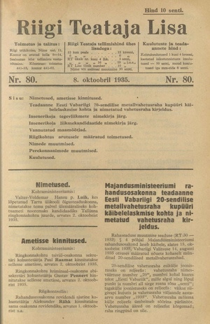 Riigi Teataja Lisa : seaduste alustel avaldatud teadaanded ; 80 1935-10-08