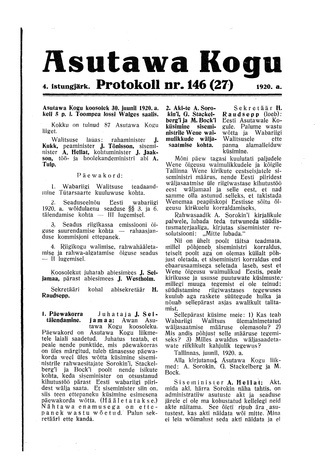 Asutawa Kogu protokoll nr.146 (27) (30. juuni 1920)