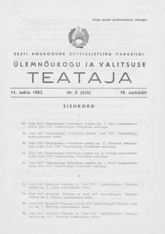 Eesti Nõukogude Sotsialistliku Vabariigi Ülemnõukogu ja Valitsuse Teataja ; 8 (656) 1983-03-11