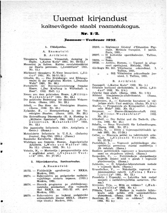 Uuemat Kirjandust Kaitsevägede Staabi raamatukogus ; 1-2 1932