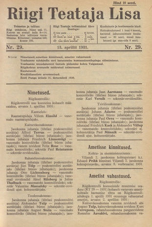 Riigi Teataja Lisa : seaduste alustel avaldatud teadaanded ; 29 1931-04-13
