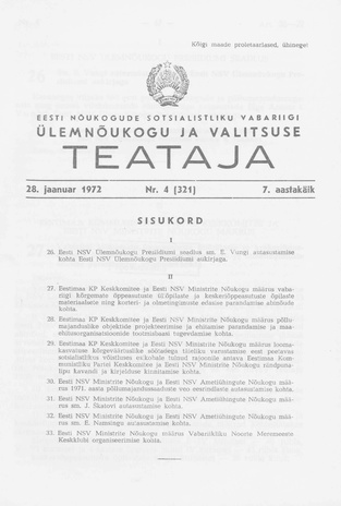 Eesti Nõukogude Sotsialistliku Vabariigi Ülemnõukogu ja Valitsuse Teataja ; 4 (321) 1972-01-28