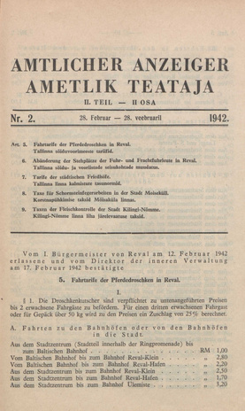 Ametlik Teataja. I/II osa = Amtlicher Anzeiger. I/II Teil ; 2 1942-02-28