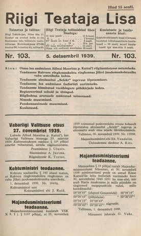 Riigi Teataja Lisa : seaduste alustel avaldatud teadaanded ; 103 1939-12-05