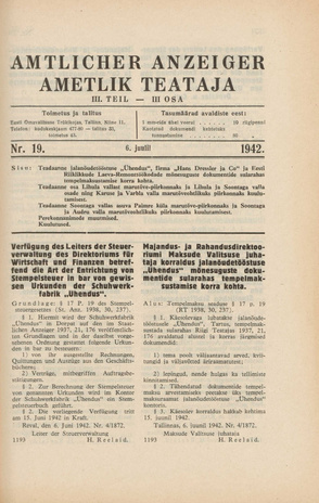 Ametlik Teataja. III osa = Amtlicher Anzeiger. III Teil ; 19 1942-07-06