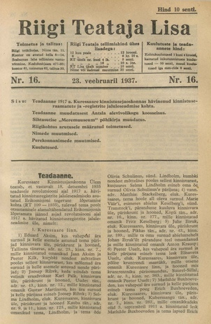 Riigi Teataja Lisa : seaduste alustel avaldatud teadaanded ; 16 1937-02-23