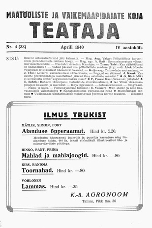 Maatööliste ja Väikemaapidajate Koja Teataja ; 4 (33) 1940-04