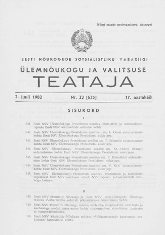 Eesti Nõukogude Sotsialistliku Vabariigi Ülemnõukogu ja Valitsuse Teataja ; 23 (625) 1982-07-02