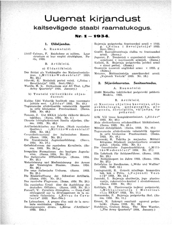 Uuemat Kirjandust Kaitsevägede Staabi raamatukogus ; 1 1934