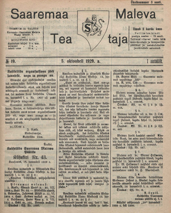 Saaremaa Maleva Teataja ; 19 1929-10-05