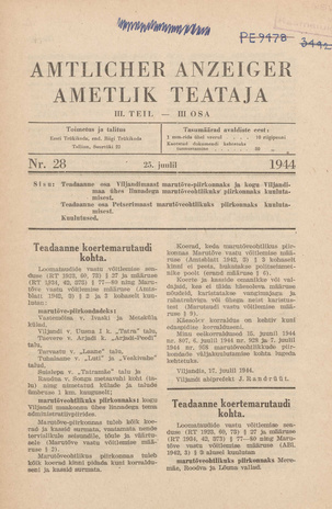 Ametlik Teataja. III osa = Amtlicher Anzeiger. III Teil ; 28 1944-07-25