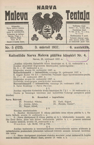 Narva Maleva Teataja ; 5 (122) 1937-03-03