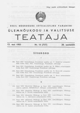 Eesti Nõukogude Sotsialistliku Vabariigi Ülemnõukogu ja Valitsuse Teataja ; 14 (757) 1985-05-13