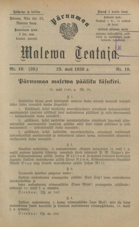 Pärnumaa Maleva Teataja ; 10 (38) 1930-05-25