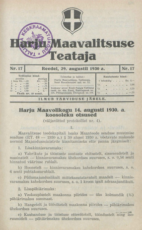 Harju Maavalitsuse Teataja ; 17 1930-08-29