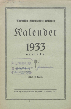 Apostlik-õigeusuliste eestlaste kalender 1933 aastaks ; 1932