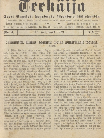 Teekäija : Eesti Baptisti Koguduse Ühenduse häälekandja ; 4 1923-02-15