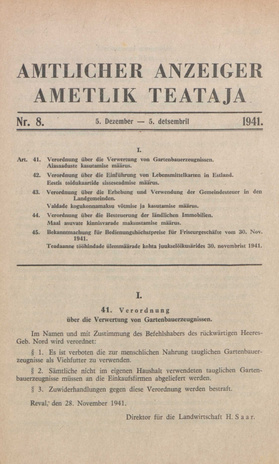 Ametlik Teataja. I/II osa = Amtlicher Anzeiger. I/II Teil ; 8 1941-12-05