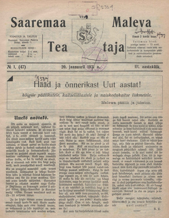 Saaremaa Maleva Teataja ; 1 (47) 1931-01-20