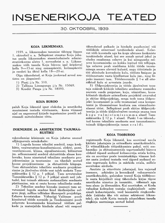 Insenerikoja Teated : ajakiri ; 1939-10-30